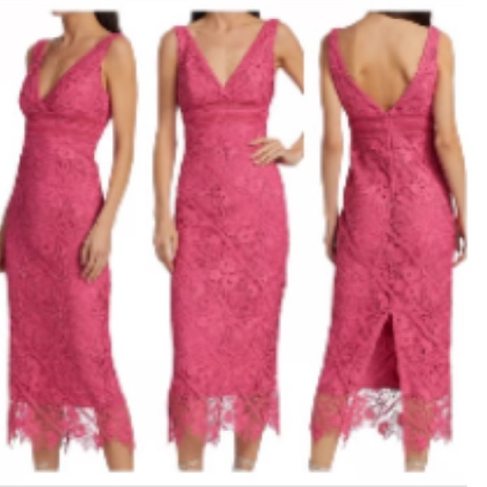 Monique Lhuillier Fuchsia Pink Lace Midi Dress